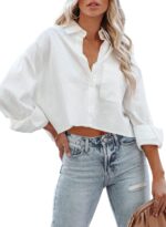 Womens Button Down Cropped Shirts Long Sleeve Casual Crop Tops Solid Lapel Blouse Shirt with Chest Pocket - Image 2