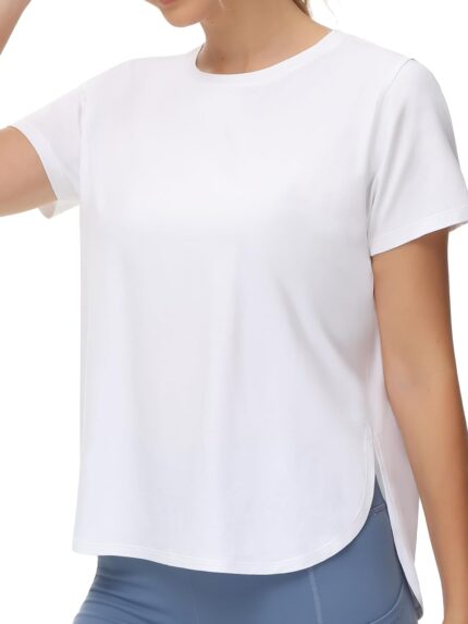 Women's Workout T-Shirts Loose Fit Short Sleeve Cotton Running Basic Tee Tops with Split Hem