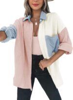 Womens Color Block Button Down Shirts Long Sleeve Oversized Boyfriend Blouses Tops