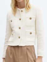 Womens Cropped Tweed Blazer Collarless Casual Business Suit Jacket Fall Elegant Outerwear - Image 2