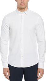 Men Solid Long Sleeve Dress Shirt, Slim Fit, Point Collar, Lightweight Stretch Fabric