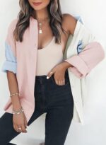 Womens Color Block Button Down Shirts Long Sleeve Oversized Boyfriend Blouses Tops - Image 2