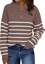Women's Quarter Zip Striped Oversized Sweater  Mock Turtleneck Fall Fashion Outfit