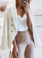 Womens Tweed Blazers Casual Long Sve Double Breasted Open Front Blazer Jackets Work Suits - Image 2