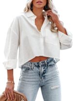 Womens Button Down Cropped Shirts Long Sleeve Casual Crop Tops Solid Lapel Blouse Shirt with Chest Pocket