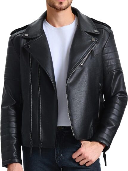 Men's Leather Jackets, Faux Bomber Jacket for Men Motorcycle Lapel Asymmetric Zip-Up Slim Fit Biker Coat