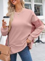 Women's Casual Oversized Sweatshirt Crew Neck Color Block Loose Pullover Tops Side Slit - Image 2