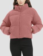 Womens Cropped Corduroy Puffer Jacket Winter Jackets Warm Long Sleeve Zip Quilted Down Puffer coat - Image 2