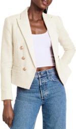 Women Cropped Tweed Blazer Jackets Lapel Open Front Long Sve Business Suit Jackets with Pocket