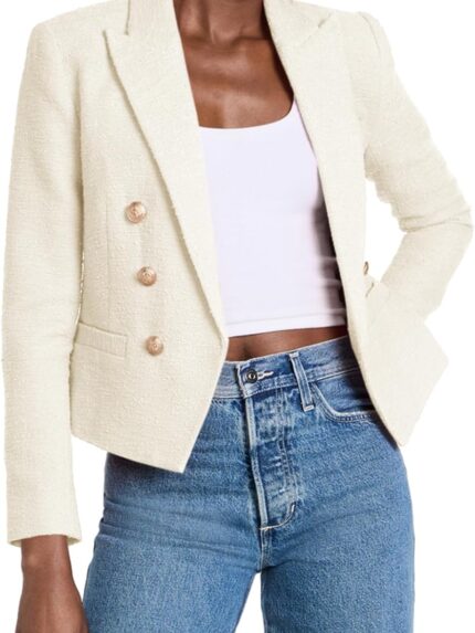 Women Cropped Tweed Blazer Jackets Lapel Open Front Long Sve Business Suit Jackets with Pocket