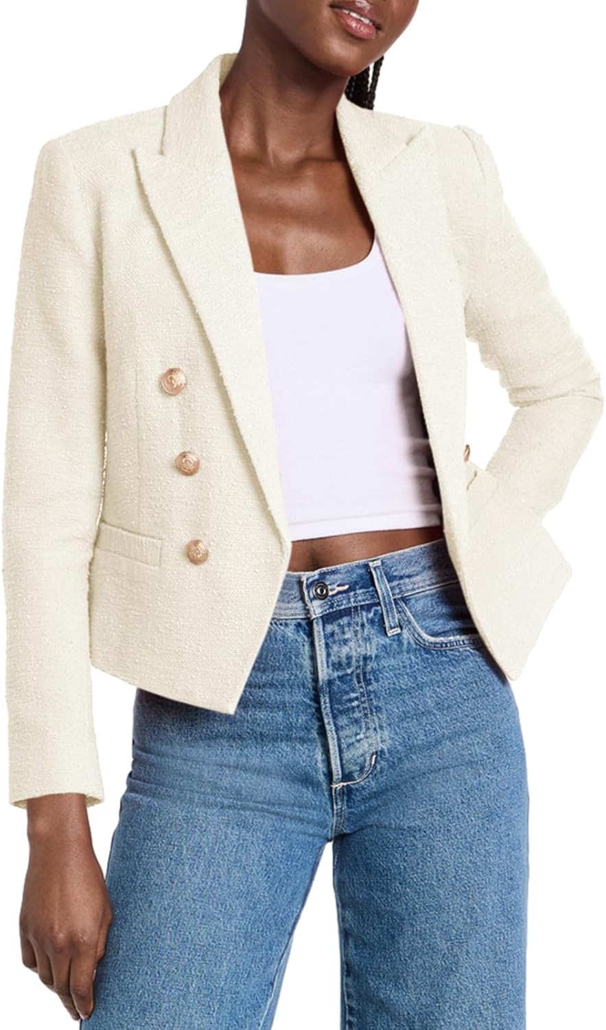 71W42l4FN5L._AC_SL1500_.jpg Women Cropped Tweed Blazer Jackets Lapel Open Front Long Sve Business Suit Jackets with Pocket - Image 1