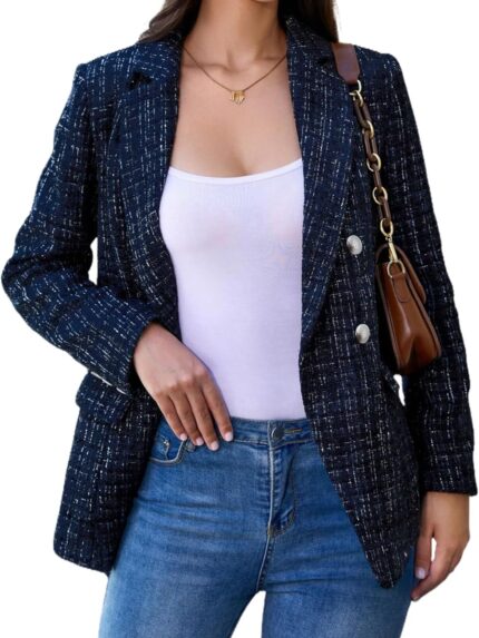 Womens Tweed Blazers Casual Jackets Long Sve Oversized Open Front Plaid Blazer Jackets Work Suits with Pockets