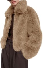 Womens Cropped Faux Fur Jacket Shaggy Lapel Zip Up Winter Coats Fuzzy Warm Outerwear - Image 2