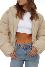 Women's Cropped Puffer Jacket Casual Winter Hoodie Baggy Short Down Coats with Pockets - Image 2