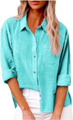 Button Down Shirts for Women Gauze Cotton Long Sleeve Shirt Collared Plus Size Blouses  Summer Linen Tops Clothing