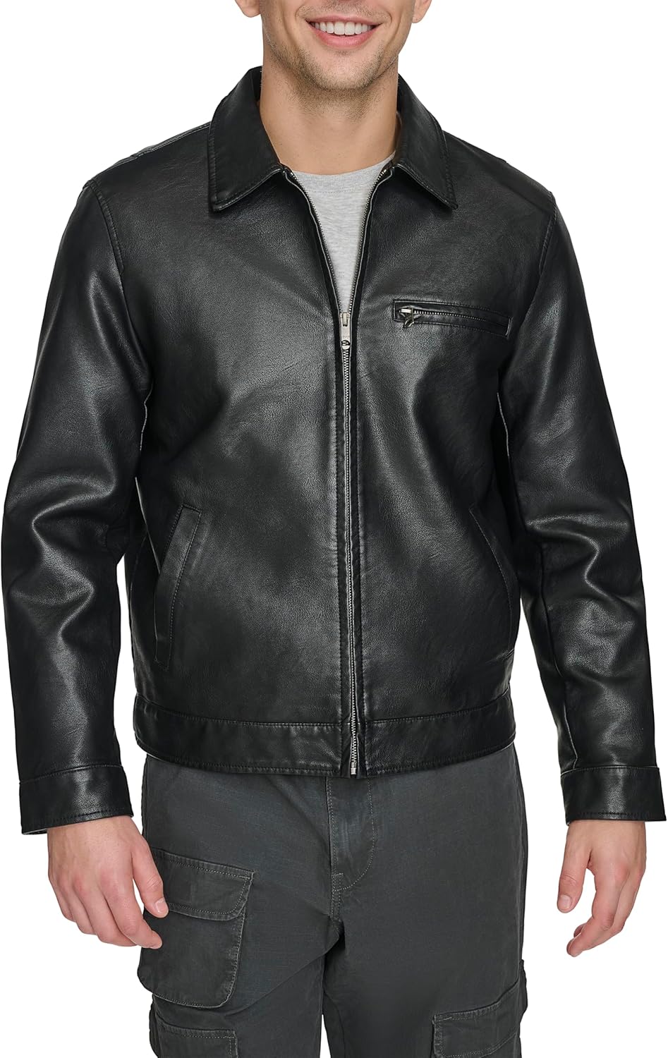 81D34ACtIL._AC_SL1500_.jpg Men's Faux Leather Laydown Collar Racer Jacket - Image 1