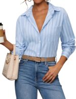 Button Down Shirts for Women Striped Long Sleeve Shirt Collared Office Work Blouses Tops with Pocket - Image 2