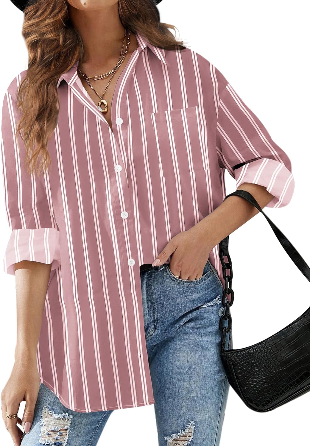 81HMVoIGykL._AC_SL1500_.jpg Women Button Down Striped Shirts Drop Shoulder Blouse Long Sleeve Oversized Shirt with Pocket - Image 1