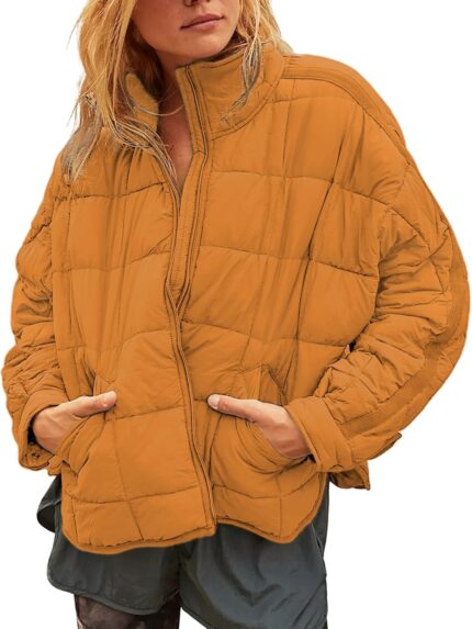 Women Packable Puffer Jacket Long Sleeve Full Zip Lightweight Quilted Coat