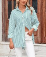 Womens Button Down Shirts Striped Shirt Long Sleeve Casual Collared Office Work Loose Fit Blouses Tops Pocket - Image 2