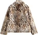 Women's Faux Fur Crop Jacket Long Sleeve Lapel Winter Warm Fluffly Leopard Pure Color Sherpa Coat - Image 2
