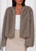 Womens  Winter Coats Fluffy Cropped Faux Fur Jacket Long Sleeve Open Front Shaggy Outerwear Trendy Clothes - Image 2