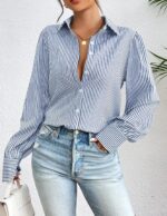 Womens Shirts Button Down Printed Lantern Long Sleeve Blouse Fashion Casual Tops - Image 2