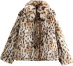 Women's Faux Fur Crop Jacket Long Sleeve Lapel Winter Warm Fluffly Leopard Pure Color Sherpa Coat