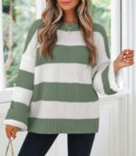 Women's  Fall Long Sleeve Oversized Striped Color Block Comfy Loose Crew Neck Knitted Pullover Sweater - Image 2