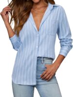 Button Down Shirts for Women Striped Long Sleeve Shirt Collared Office Work Blouses Tops with Pocket