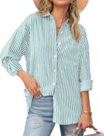 Womens Button Down Shirts Striped Shirt Long Sleeve Casual Collared Office Work Loose Fit Blouses Tops Pocket