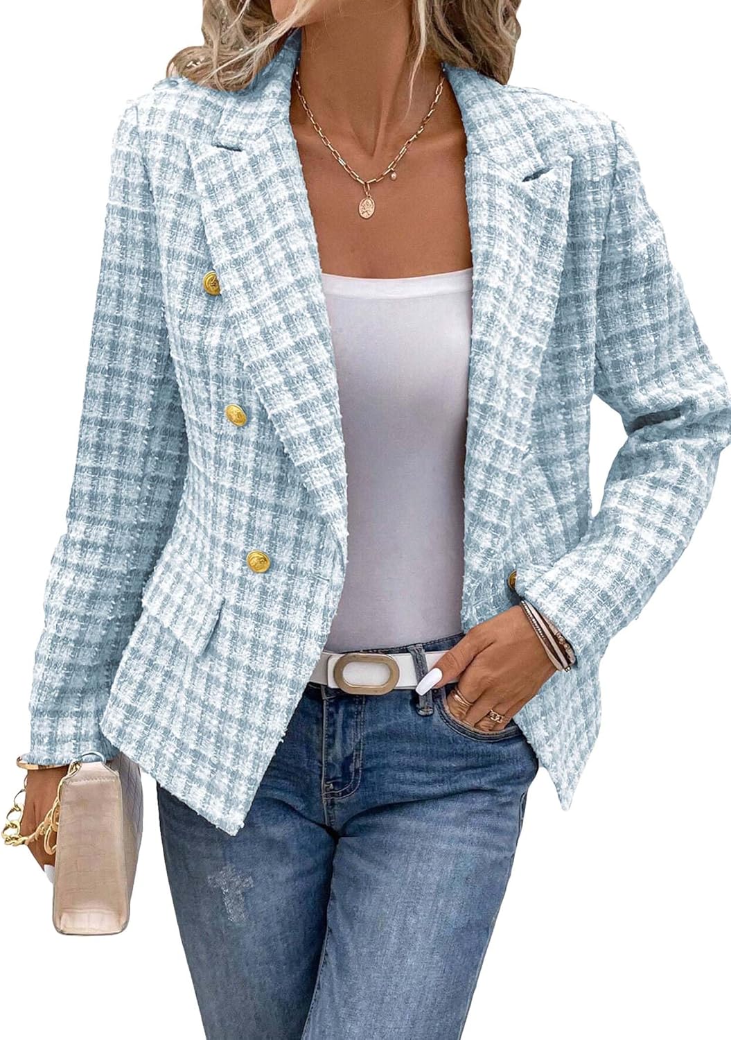 81ujrZEeWjL._AC_SL1500_.jpg Women's Spring Tweed Blazer Plaid Fashion Slim Fully-Lined Double-Breasted Casual Work Jacket with Pockets - Image 1