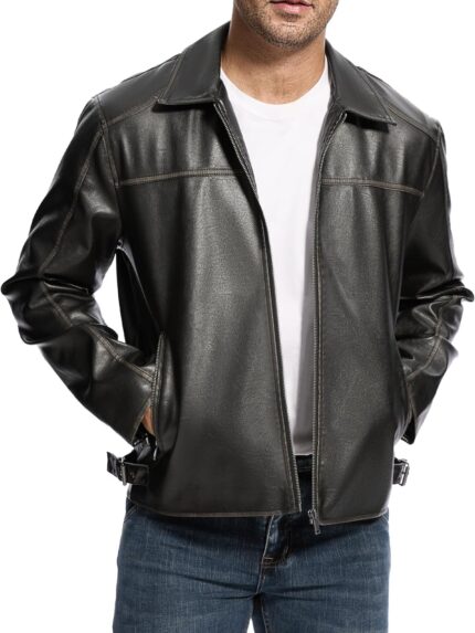 Leather Jacket Men Faux Lightweight Bomber Jackets Mens Motorcycle Vintage Lapel Coats with Zipper and Pockets