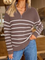 Women's Quarter Zip Striped Oversized Sweater  Mock Turtleneck Fall Fashion Outfit - Image 2