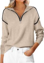 Womens Quarter Zip Sweaters Fall Long Sleeve V Neck Shirts Collared Business Casual Tops Knit Pullover Sweatshirts