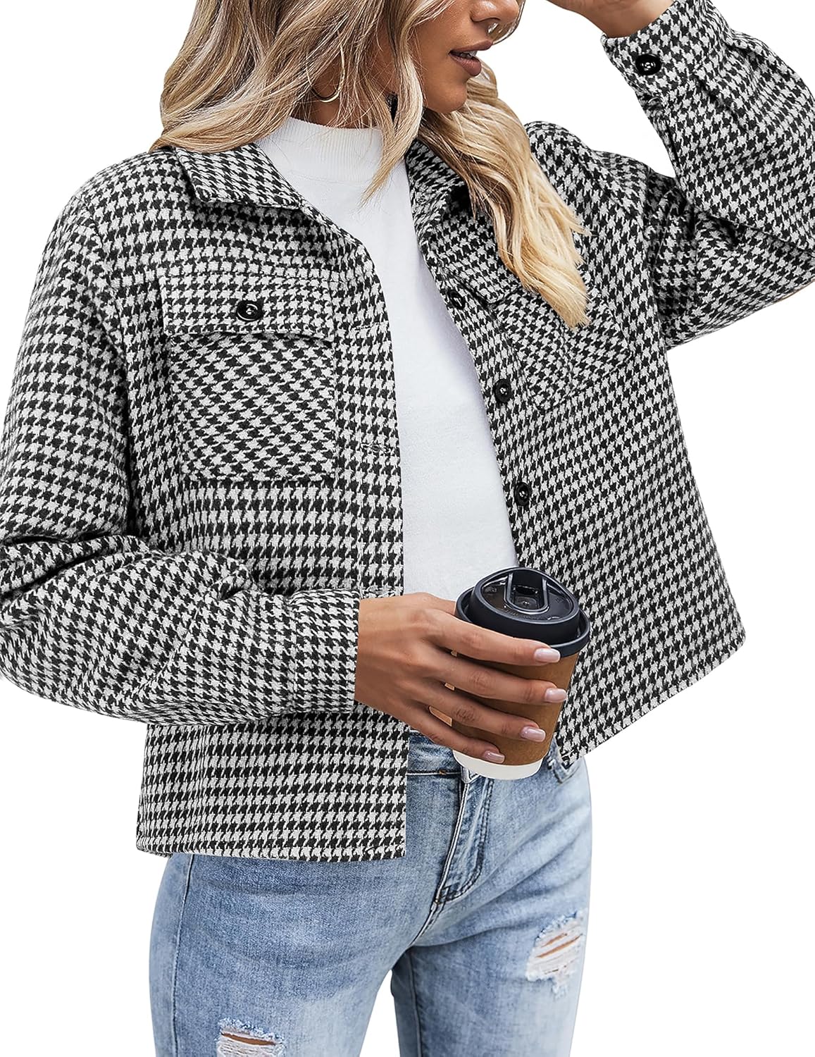 91rA4O9aIL._AC_SL1500_.jpg Flannels for Women Cropped Jacket Fashion Plaid Button Down Shirt Fall Coat Tops - Image 1